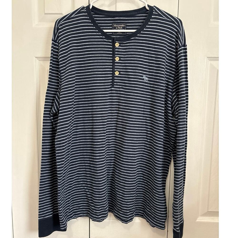 Abercrombie & Fitch Navy Blue Mens Striped Henley Long Sleeve XXL